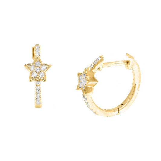 Yellow Gold Filigree Single Micro Pave Diamond Earrings (Diamond Hoop Star Earring (14k))