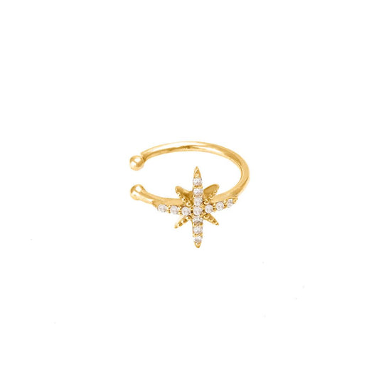 Yellow Gold Fashion Single Micro Pave Diamond Earring Cuff (Diamond Earring Star “cuff” 14k)