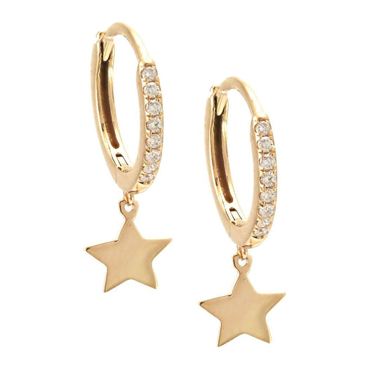Yellow Gold Fashion Full Micro Pave Diamond Earring (Diamond Mini Hoop With Star Charm (14k))