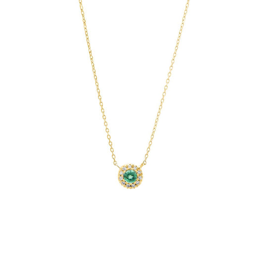 Yellow Gold Halo Round Prong Emerald Necklace (Emerald W/ Diamond Necklace (14k) (16+2″))
