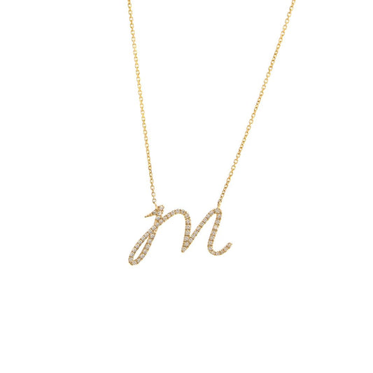 Yellow Gold Initial Single Micro Pave Diamond Necklace (Diamond Script Initial Necklace (Yg/ 16+2″))