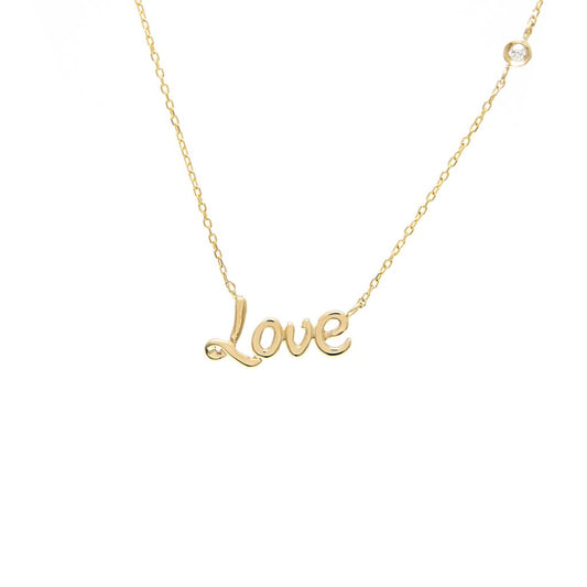 Yellow Gold Love Round Bezel Diamond Necklace (14k Diamond Love Necklace (16+2″))