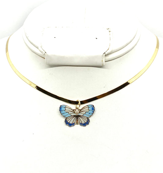 10K Gold Solid Herringbone Necklace & Butterfly Charm