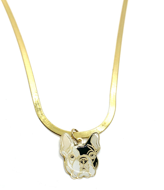 10K Gold Solid Herringbone Necklace & Frenchie Charm