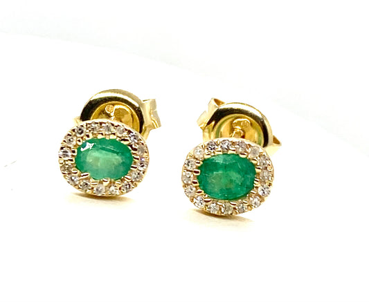 14K Gold Emerald and Diamond Stud Earrings