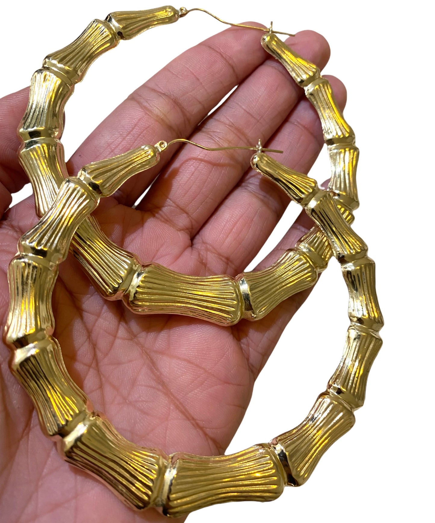 10k Gold Bamboo Hoops 3.20 Inches