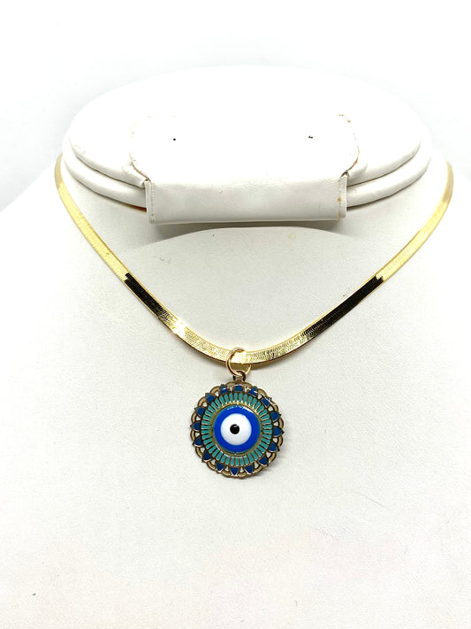 10K Gold Solid Herringbone Necklace & Evil Eye Charm