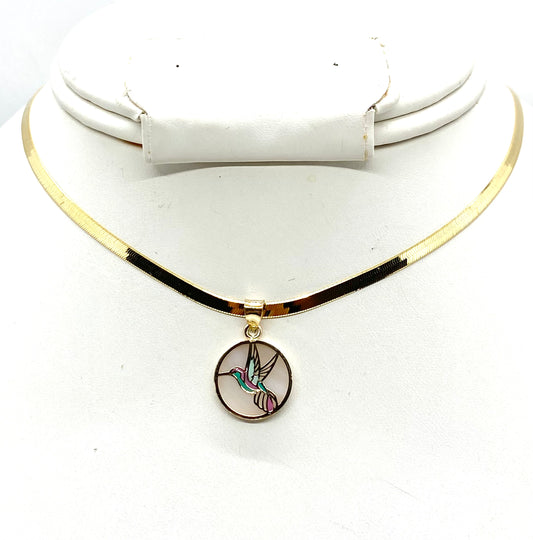 10K Gold Solid Herringbone Necklace & Bird Charm
